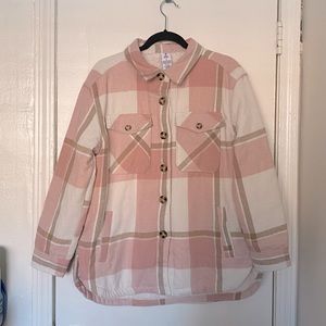 Pink flannel sherpa lined shirt jacket